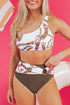Khaki Abstract Print One Shoulder Ring Linked High Waist Bikini