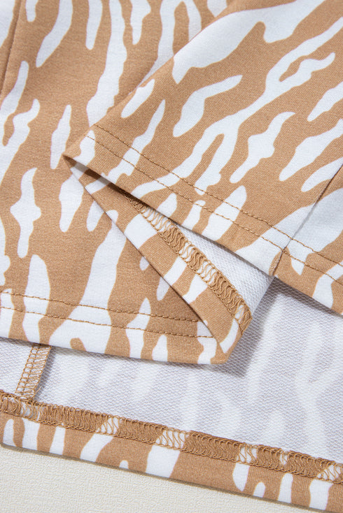 Khaki Abstract Print V Neck Short Sleeve Shift T Shirt Dress