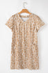 Khaki Abstract Print V Neck Short Sleeve Shift T Shirt Dress