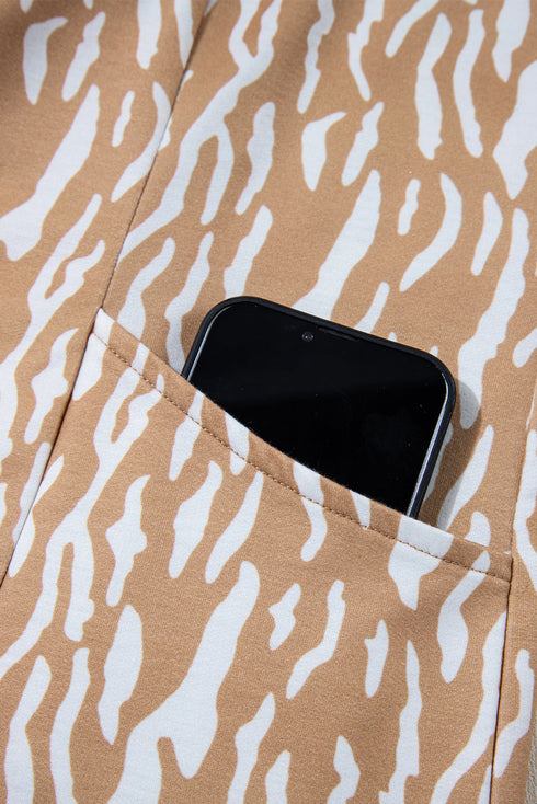 Khaki Abstract Print V Neck Short Sleeve Shift T Shirt Dress