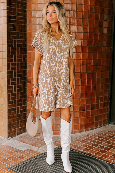 Khaki Abstract Print V Neck Short Sleeve Shift T Shirt Dress