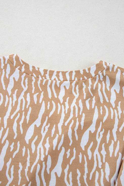 Khaki Abstract Print V Neck Short Sleeve Shift T Shirt Dress