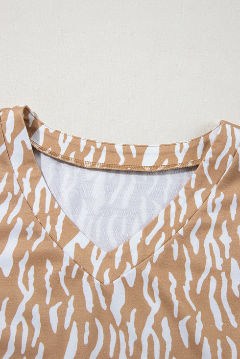 Khaki Abstract Print V Neck Short Sleeve Shift T Shirt Dress