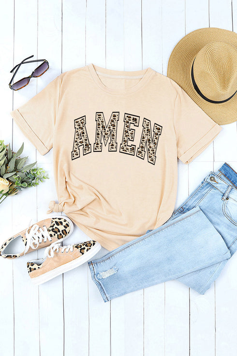 Khaki Amen Leopard Print Short Sleeve Graphic T Shirt