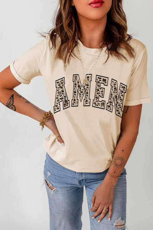 Khaki Amen Leopard Print Short Sleeve Graphic T Shirt