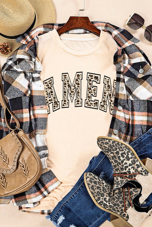 Khaki Amen Leopard Print Short Sleeve Graphic T Shirt