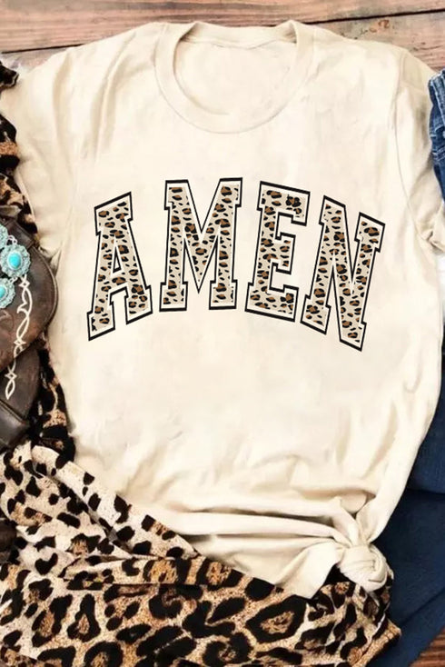 Khaki Amen Leopard Print Short Sleeve Graphic T Shirt
