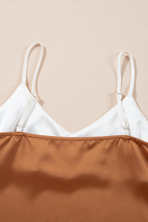 Khaki Chevron Color Block Spaghetti Straps Tank Top