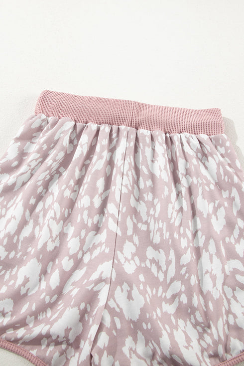Khaki Classic Leopard Arched Hem Elastic Waist Casual Shorts