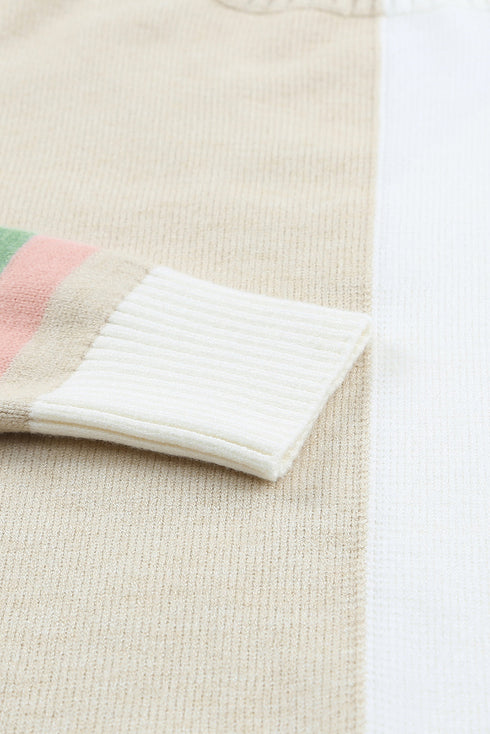 Khaki Contrast Striped Sleeve Sweater