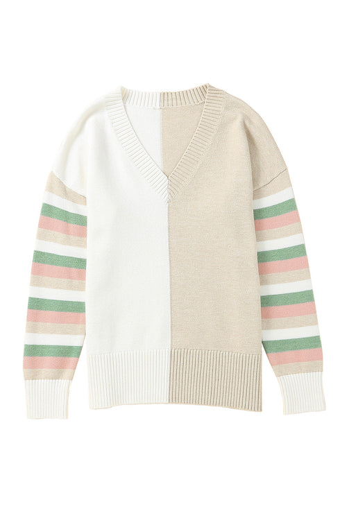 Khaki Contrast Striped Sleeve Sweater