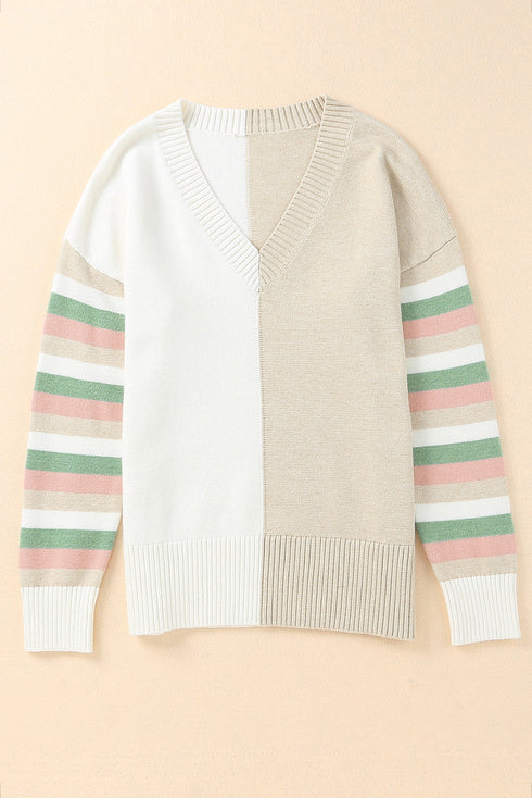 Khaki Contrast Striped Sleeve Sweater