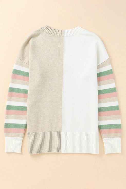 Khaki Contrast Striped Sleeve Sweater