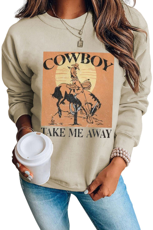 Khaki Cowboy Take Me Away Graphic Print Pullover Sweatshirt