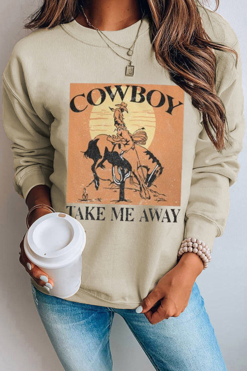 Khaki Cowboy Take Me Away Graphic Print Pullover Sweatshirt
