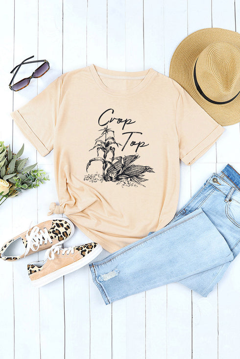 Khaki Crop Top Corn Plant Graphic Print T Shirt