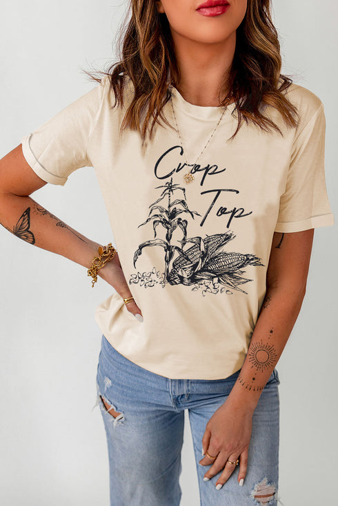 Khaki Crop Top Corn Plant Graphic Print T Shirt