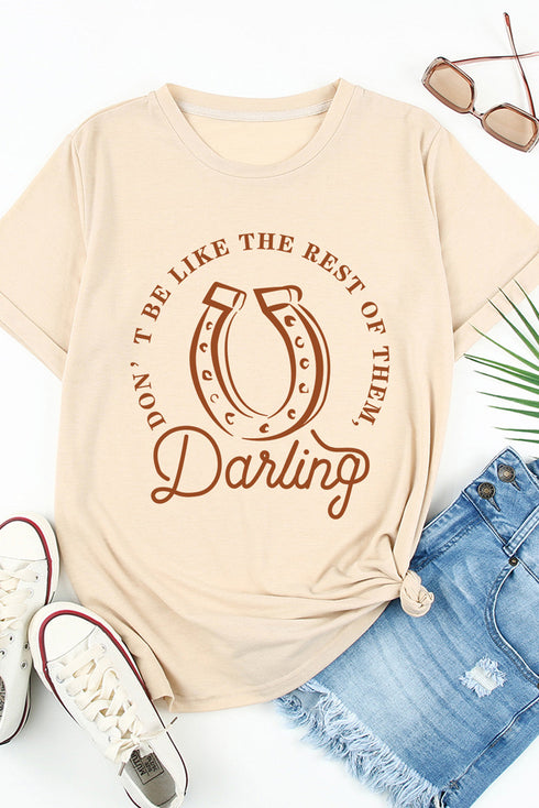 Khaki Darling Letter Graphic Print Short Sleeve T Shirt