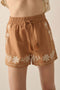 Khaki Embroidered Boho Tasseled Drawstring Elastic Waist Casual shorts
