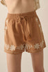 Khaki Embroidered Boho Tasseled Drawstring Elastic Waist Casual shorts