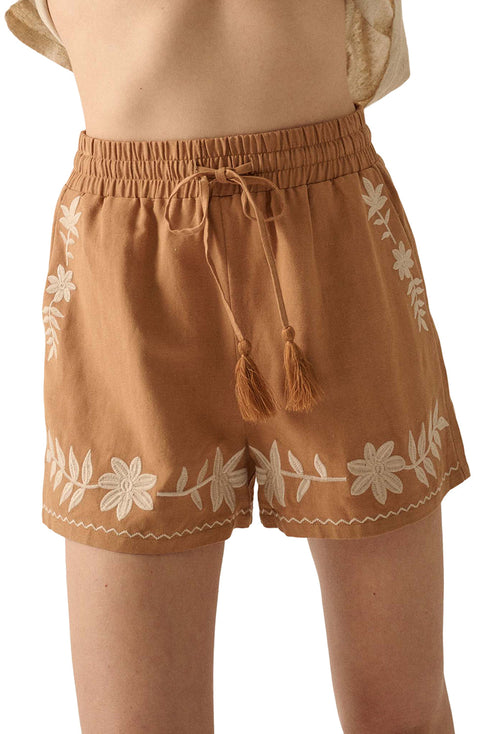 Khaki Embroidered Boho Tasseled Drawstring Elastic Waist Casual shorts