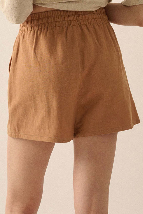 Khaki Embroidered Boho Tasseled Drawstring Elastic Waist Casual shorts