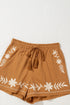 Khaki Embroidered Boho Tasseled Drawstring Elastic Waist Casual shorts