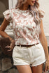 Khaki Floral Print Ruffle Short Sleeve Blouse