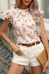 Khaki Floral Print Ruffle Short Sleeve Blouse