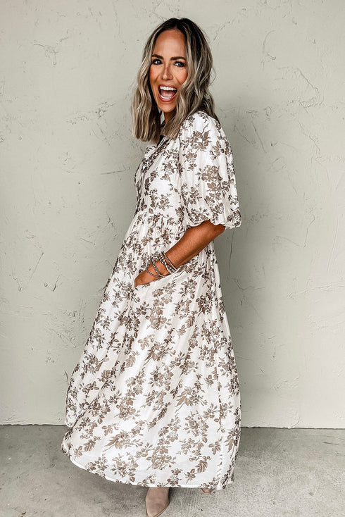 Khaki Floral Puff Sleeve V Neck Buttoned Front Maxi Dress