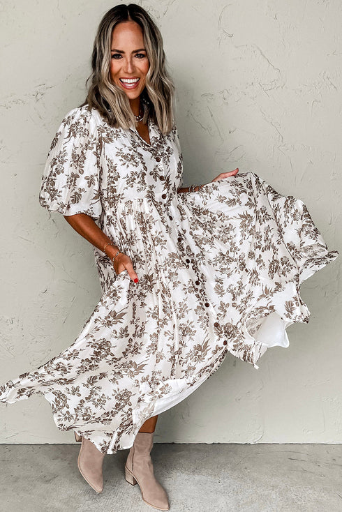 Khaki Floral Puff Sleeve V Neck Buttoned Front Maxi Dress