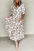 Khaki Floral Puff Sleeve V Neck Buttoned Front Maxi Dress