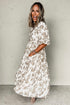 Khaki Floral Puff Sleeve V Neck Buttoned Front Maxi Dress