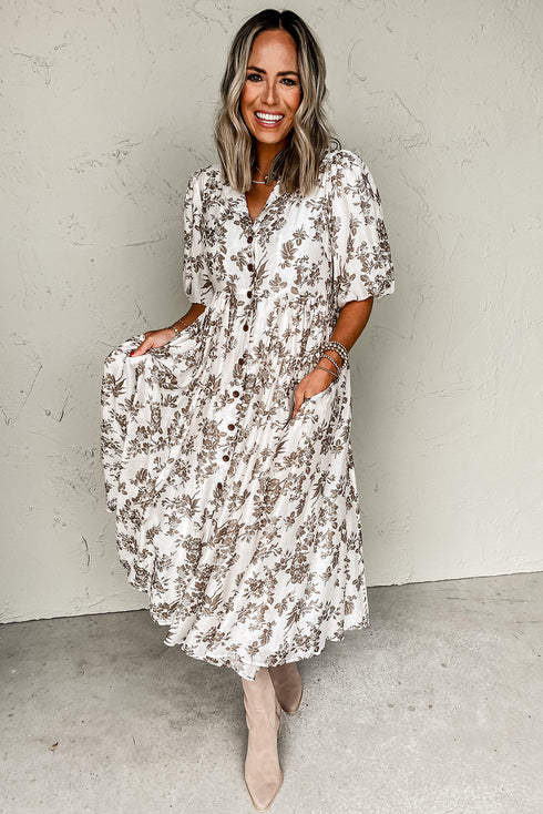 Khaki Floral Puff Sleeve V Neck Buttoned Front Maxi Dress