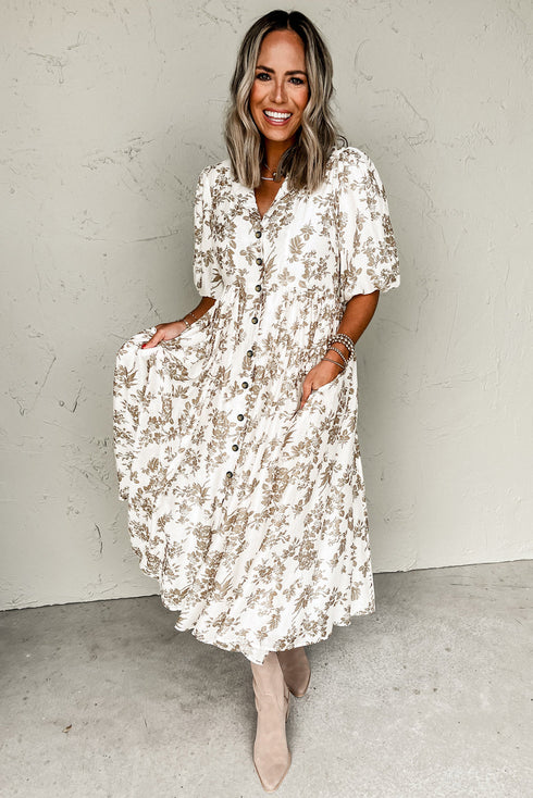 Khaki Floral Puff Sleeve V Neck Buttoned Front Maxi Dress