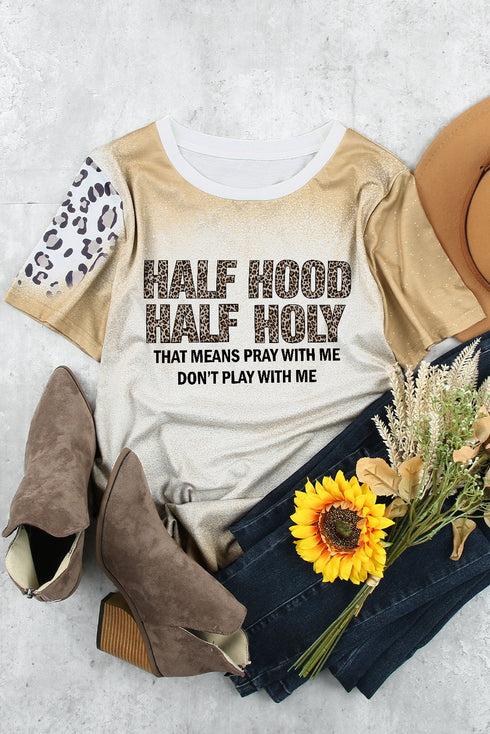 Khaki Half Hood Half Holy Leopard Short Sleeve T Shirt