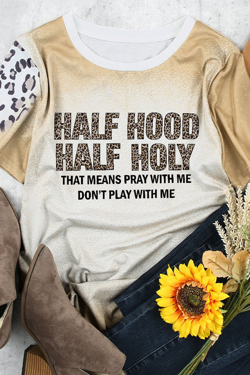 Khaki Half Hood Half Holy Leopard Short Sleeve T Shirt