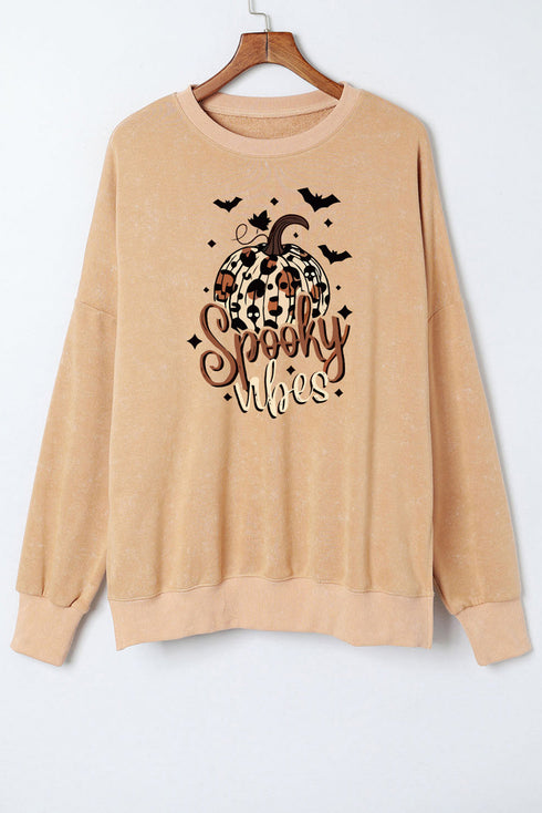 Khaki Halloween Spooky Vibes Pumpkin Print Oversized Sweatshirt