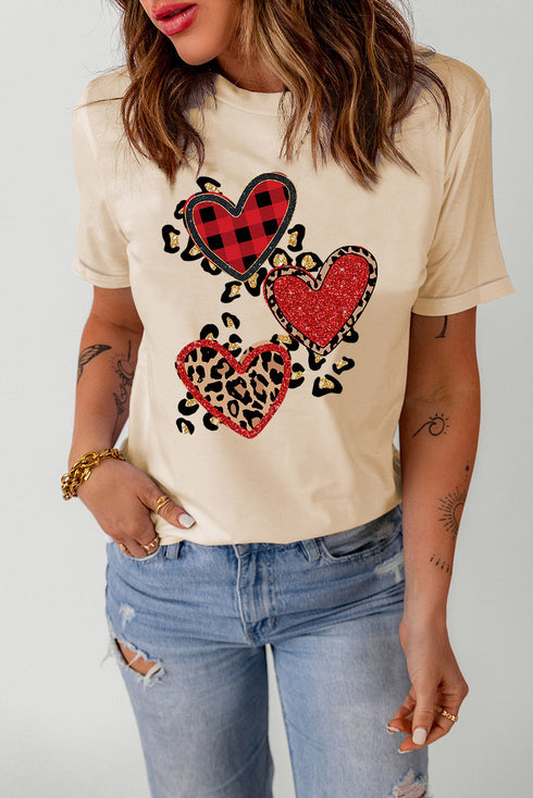 Khaki Heart-Shaped Leopard Sequin Print Graphic T Shirt