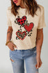 Khaki Heart-Shaped Leopard Sequin Print Graphic T Shirt