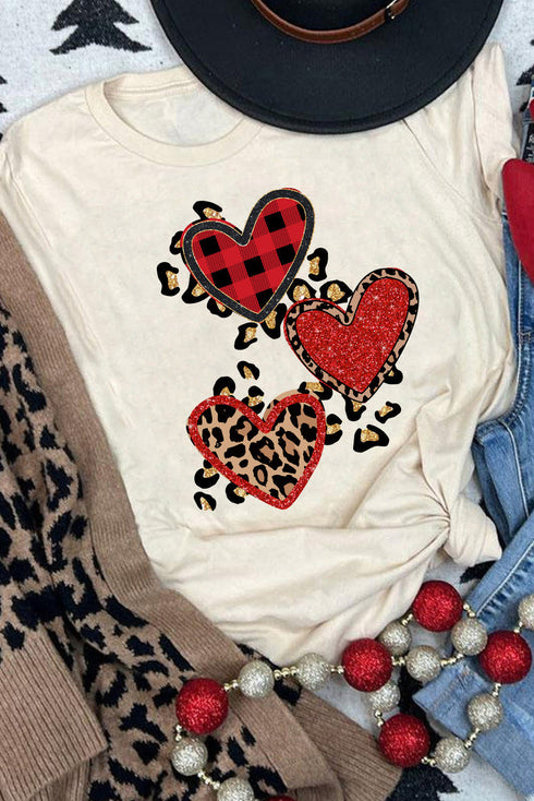 Khaki Heart-Shaped Leopard Sequin Print Graphic T Shirt
