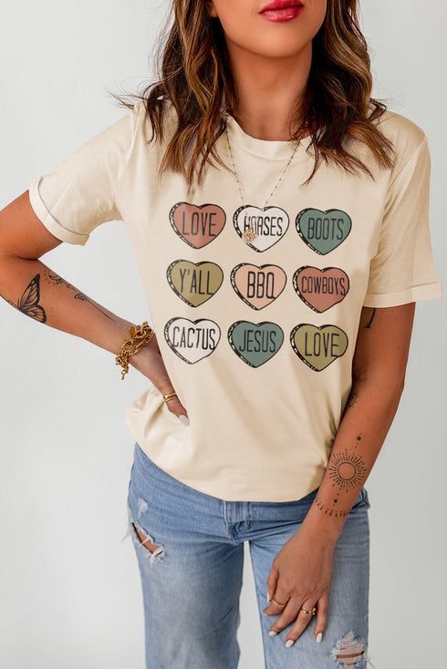 Khaki Heart Shaped Letters Print Crewneck Graphic Tee