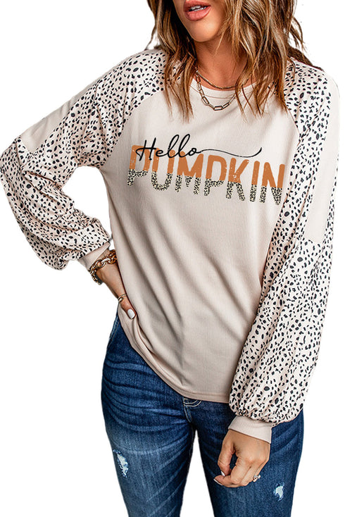 Khaki Hello Pumpkin Leopard Color Block Long Sleeve Top