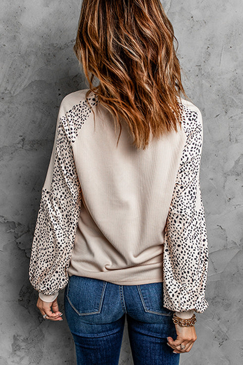 Khaki Hello Pumpkin Leopard Color Block Long Sleeve Top