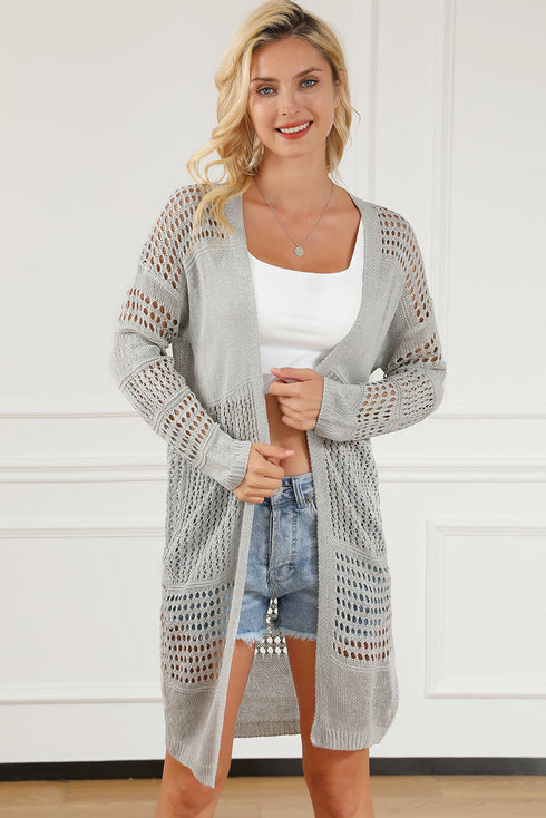 khaki Hollowed Mix Pattern Knitted Long Sweater Cardigan