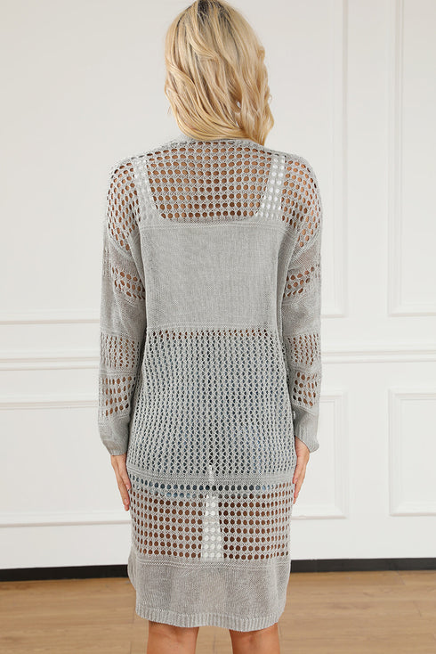 khaki Hollowed Mix Pattern Knitted Long Sweater Cardigan