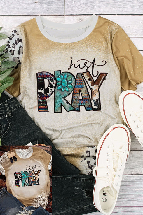 Khaki Just Pray Weatern Fashion Leopard Bleached Tee