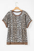 Khaki Leopard Contrast Trim Short Sleeve Loose Plus Size Top