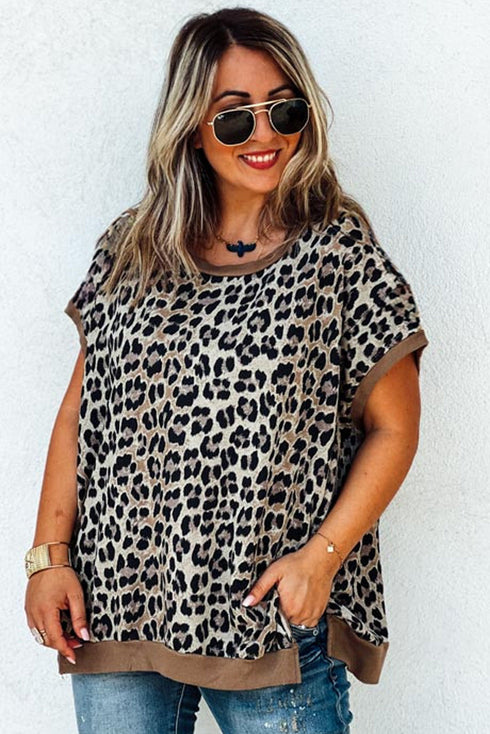 Khaki Leopard Contrast Trim Short Sleeve Loose Plus Size Top