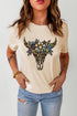 Khaki Leopard Cow Skull Graphic Print T Shirt